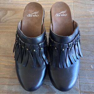 Dansko Deni Clogs Black Fringe Platform Clog Mules